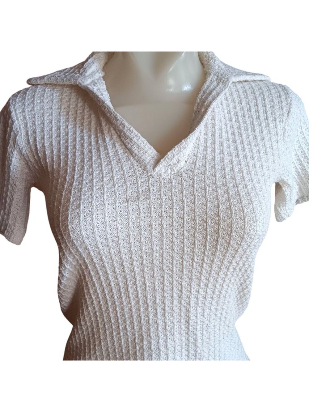 True Vintage Top Small 80's Cream Short-Sleeve Textured Knit Collared Prep Mom